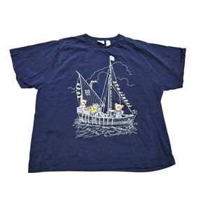 Vtg Bobbie Brooks Teddy Bear Nautical Tshirt Womens 22/24W Navy Blue Sailboat